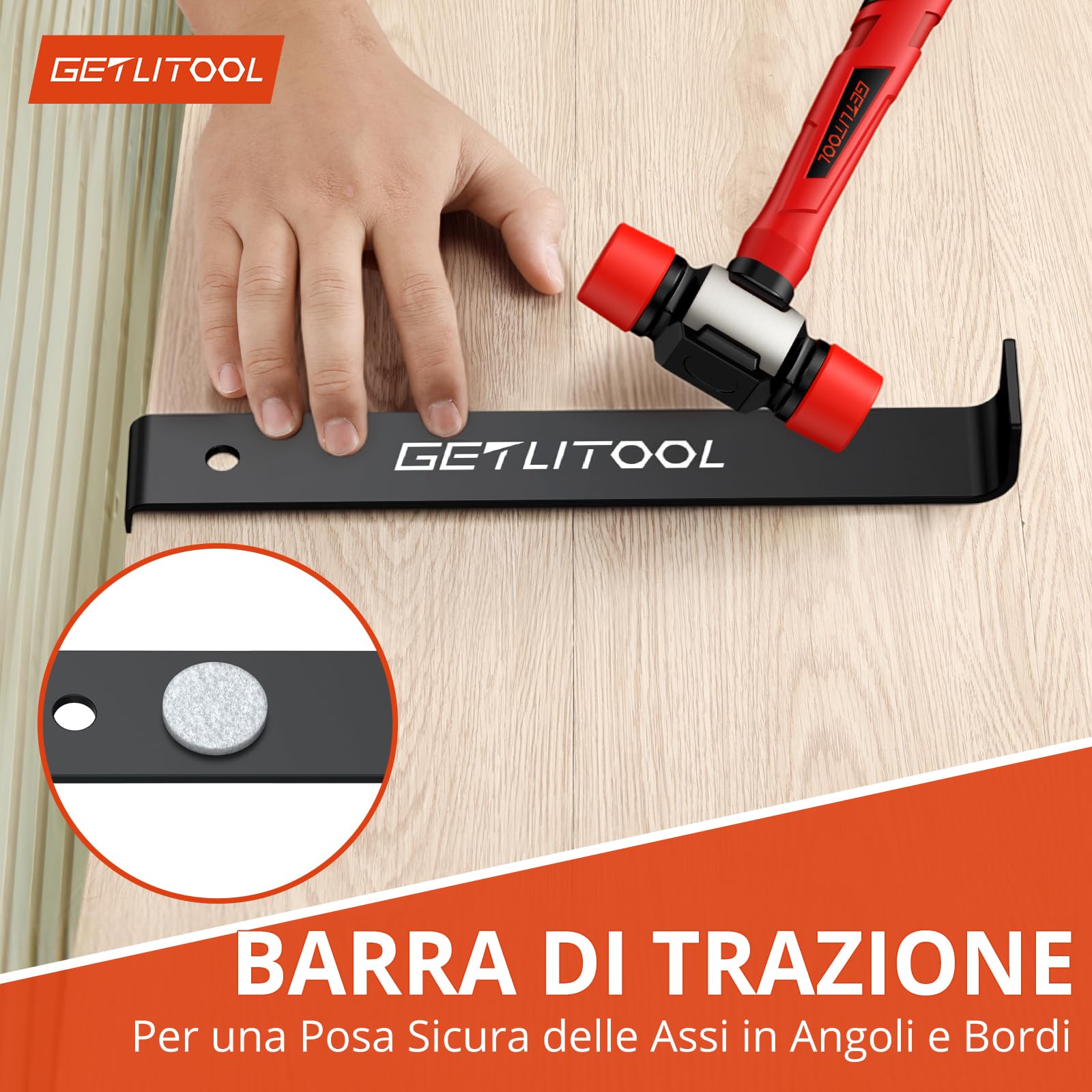 GETLITOOL Kit per Installazione Pavimento Laminato, 60 Distanziatori, Martello in Gomma, Blocco di Battitura con Manico, Barra di Trazione con Feltro, Metro Pieghevole - Strumenti Completi per Parquet