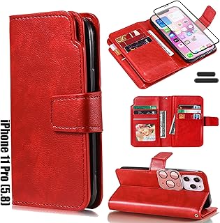 LMDAMZ for iPhone 11 Pro 5.8 Inch Wallet Case [3+ Card Slots] ID Business Card Credit Card Slot Carry Pouch with Stand Double Sided Multi-Card Slot Flip Folding PU Wallet Leather Case (Red)