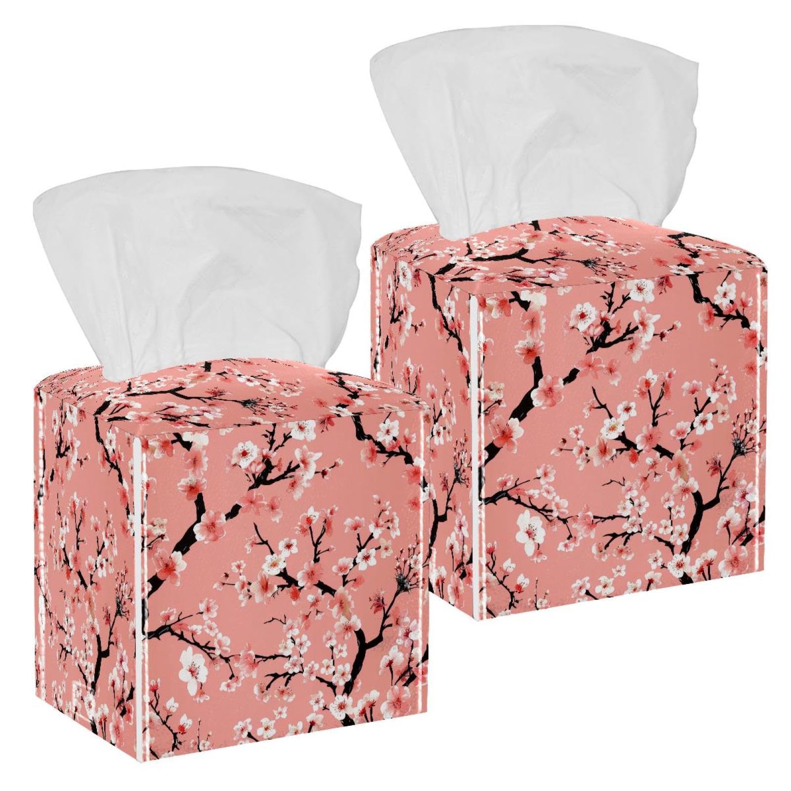 Cherry Blossom Tissue Box Cover, 2 Pack PU Leather Square Facial Tissue Dispenser Box holder for Home Office Car