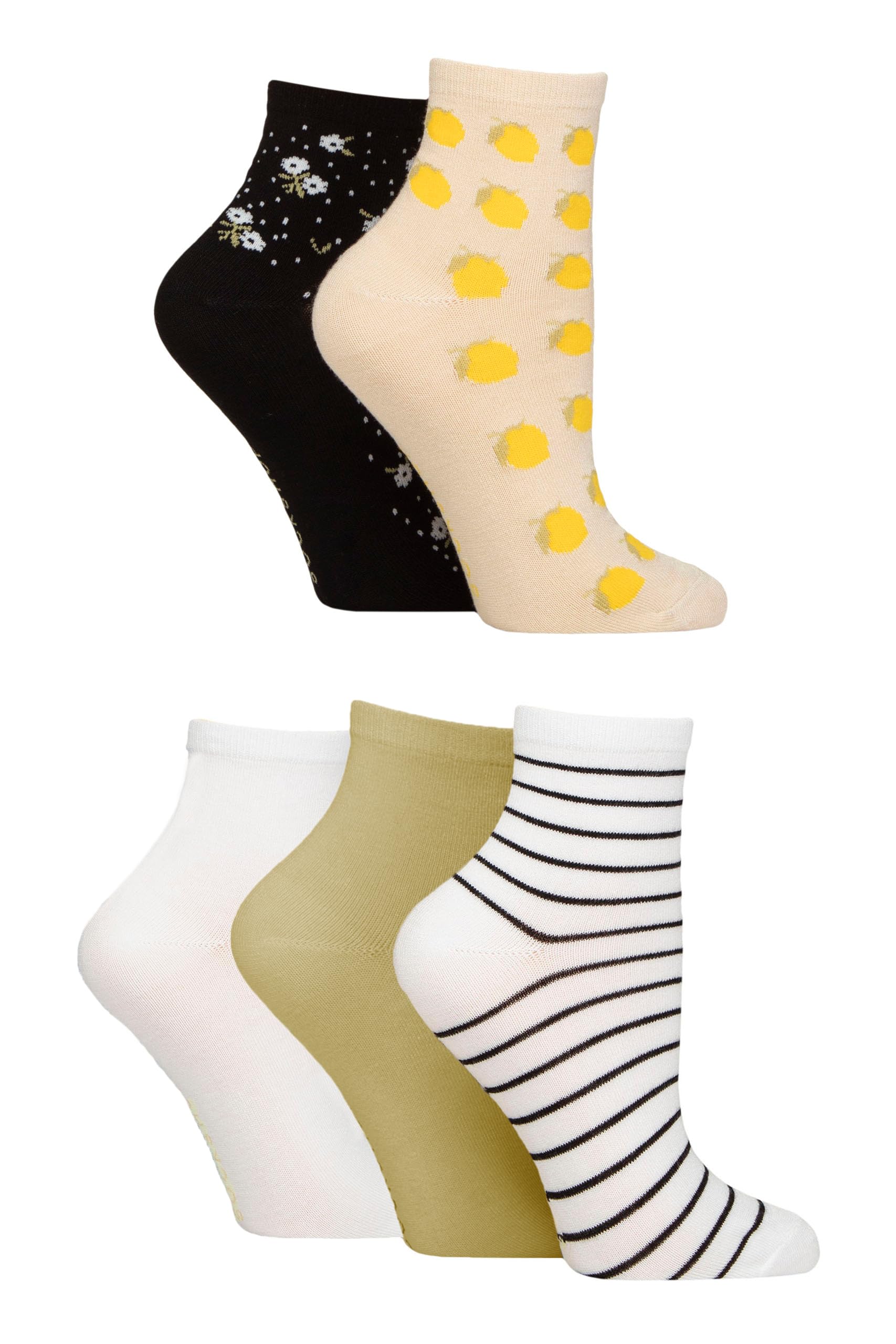 Sockshop Women's Patterned Sicilian Lemon Bamboo Ankle Socks - Ankle High, Anklet, Soft, Cooling, Breathable, Plain And Patterned, 5 Pair Multipack Size 4-8 (Uk, Numeric, 4, 8, Regular, Regular, )