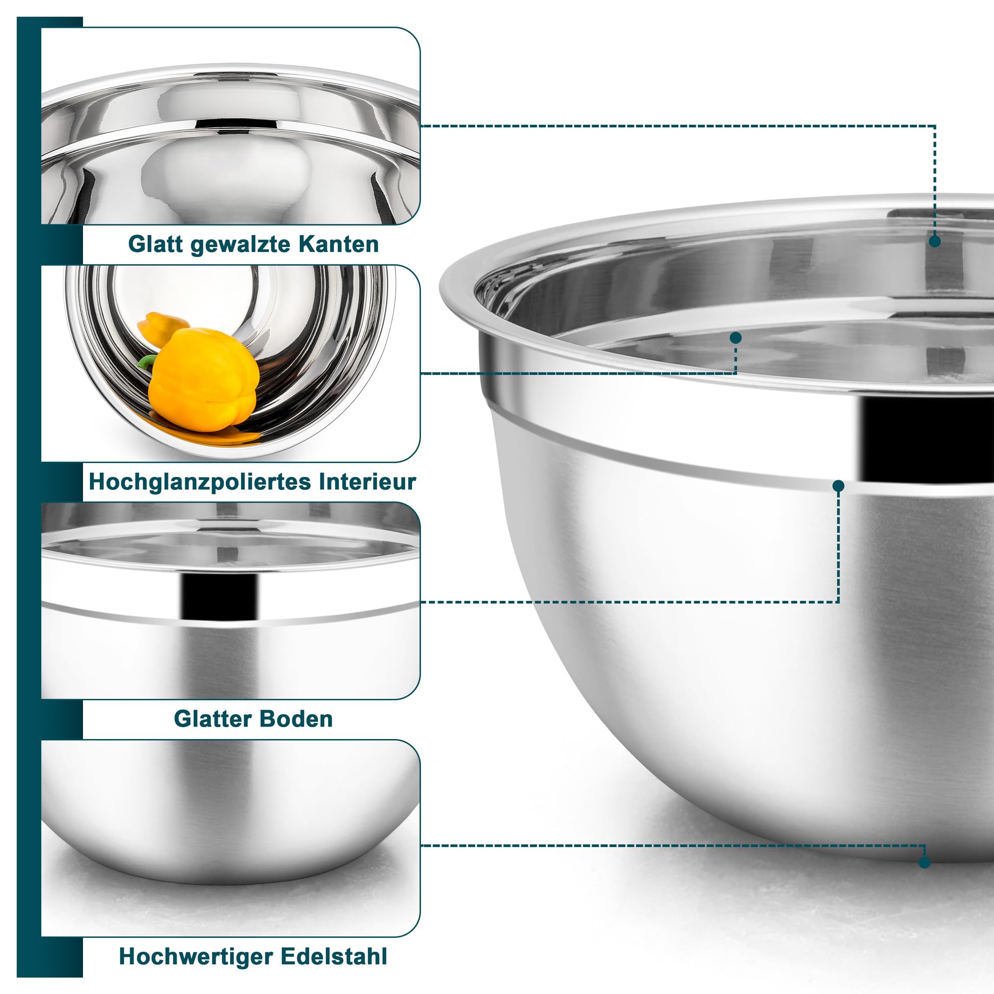 Joyfair Ciotola per insalata, 3 pezzi, in acciaio inox, con coperchio ermetico, impilabile, in metallo, per mescolare/servire/preparazione, lavabile in lavastoviglie, 4,5 l, 2,7 l, 1,5 l, blu