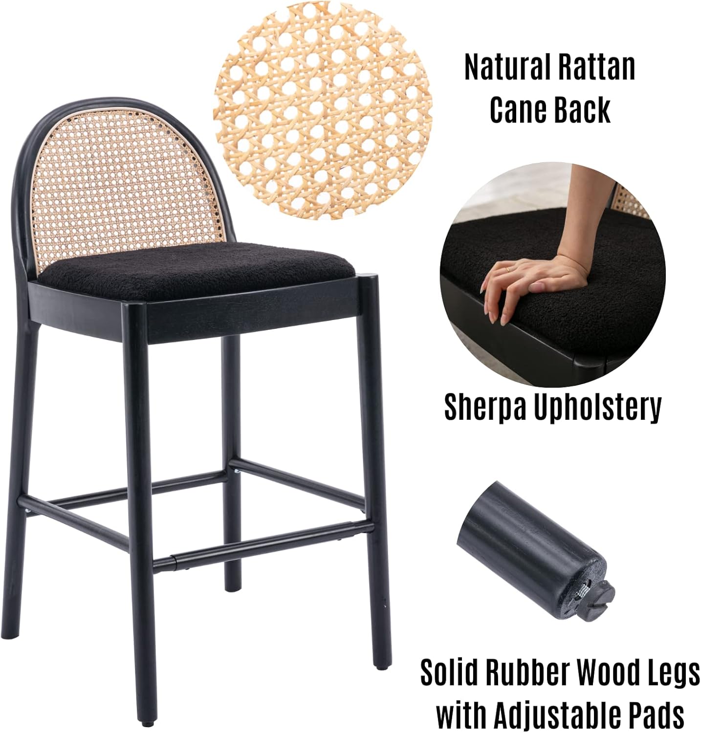 LukeAlon Modern Sherpa Bar Stools Set of 2, 29" Seat Height Tall Bar Chairs with Wooden Legs Natural Rattan Cane Back Bar Height Counter Stools with Footrest for Home Pub Kitchen, Black