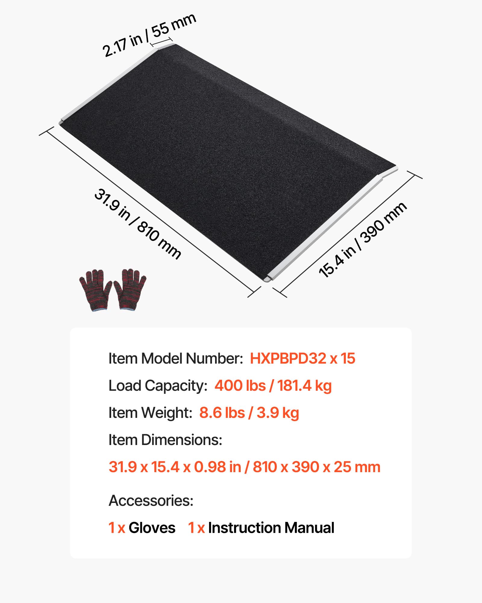 VEVOR Schwellenrampe 810x390mm, 181,4kg Belastbare Rollstuhlrampe mit Rutschfester Oberfläche, Auffahrschiene aus Aluminium, Tragbare Auffahrrampe für Rollstuhl Scooter Türschwelle Bordsteine Treppen