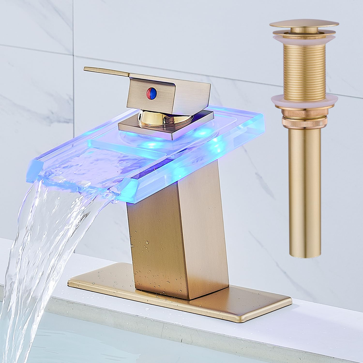AVSIILE LED Bathroom Sink Faucet, Brushed Gold, Waterfall, Open Glass Spout