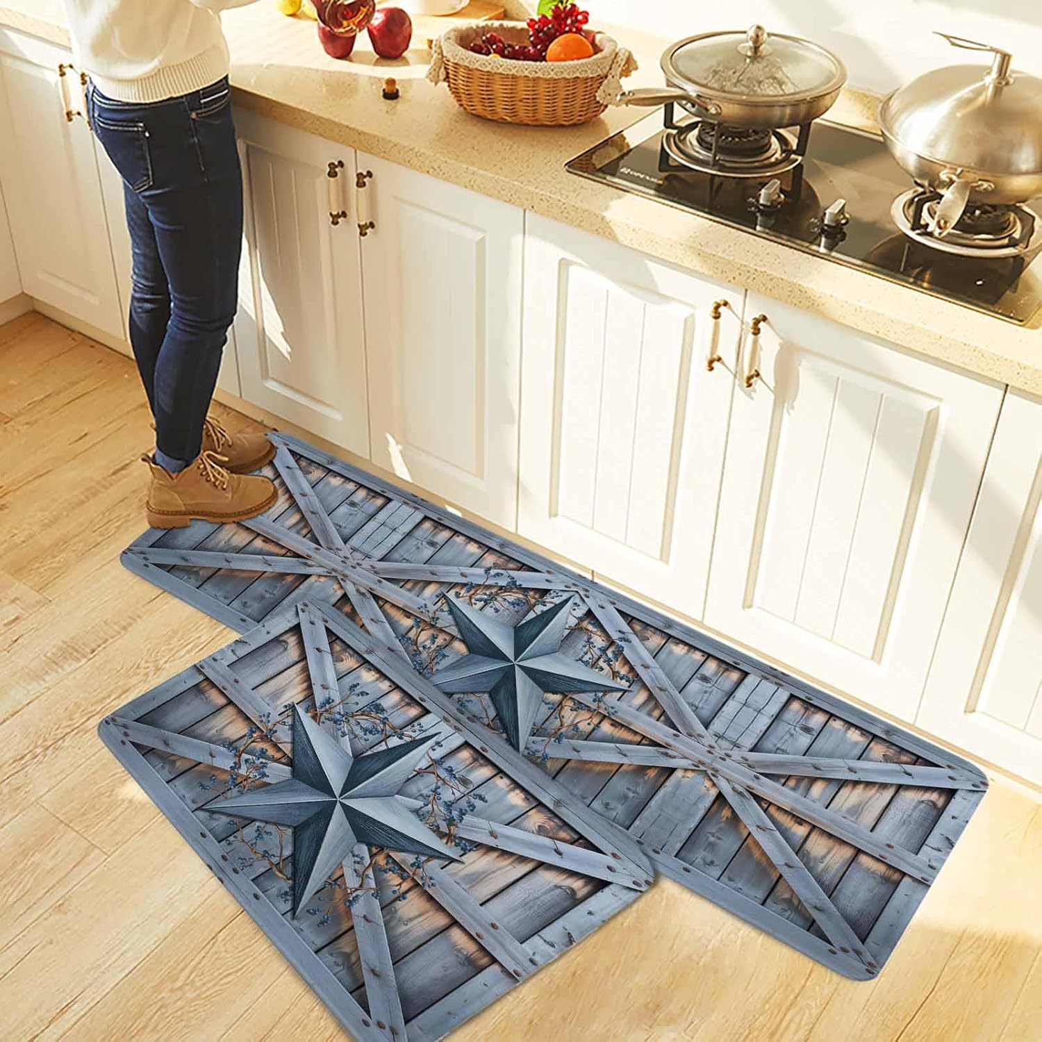 Texas Star Vintage Kitchen Rugs and Mats Set of 2, Non-Slip Kitchen Sink Mat, Navy Blue Berry Wooden Retro Washable Doormat Bathroom Rugs Runner for Bedroom/Living Room 19.7"x31.5"+19.7"x47.2"