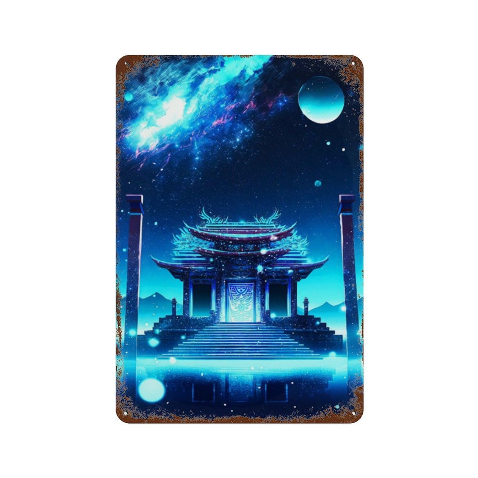Garage Style Fantasy Temple in Starry Sky Distressed Metal Wall Sign 11.8"x7.9", Shabby Chic Decor for Bar And Workshop