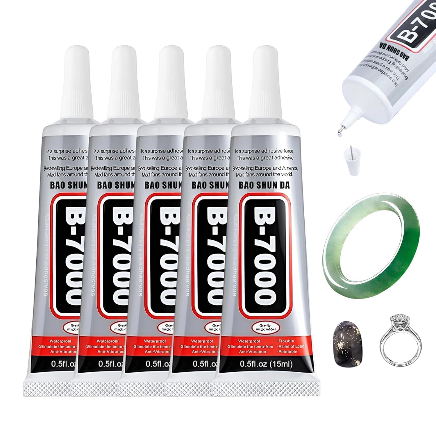 5PCS B7000 Glue, 15ML Clear Craft Fabric Glues for Rhinestone Metal Stone Wood Fabric Clothing Shoes Mobile Phones Clear Adhesive, Multi-Purpose Adhesive for DIY, Crafts, Jewellery Making