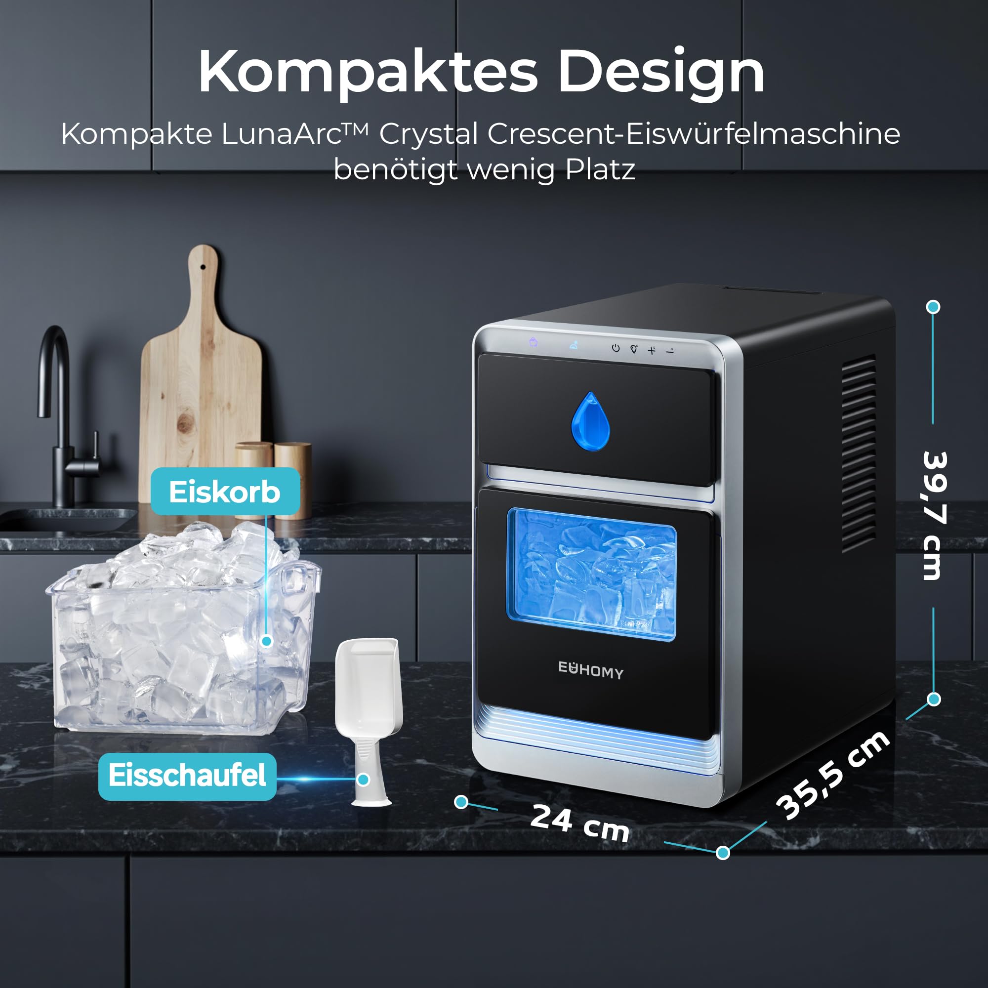 EUHOMY Tragbarer LunaArc™ Crescent Eiswürfelmaschine mit Kristall-Halbmond, 1600 Stück/Tag, fertig in 12 Minuten, automatische Tiefenreinigung, Eiswürfelmaschine für Whiskey/Kaffee/Softdrinks