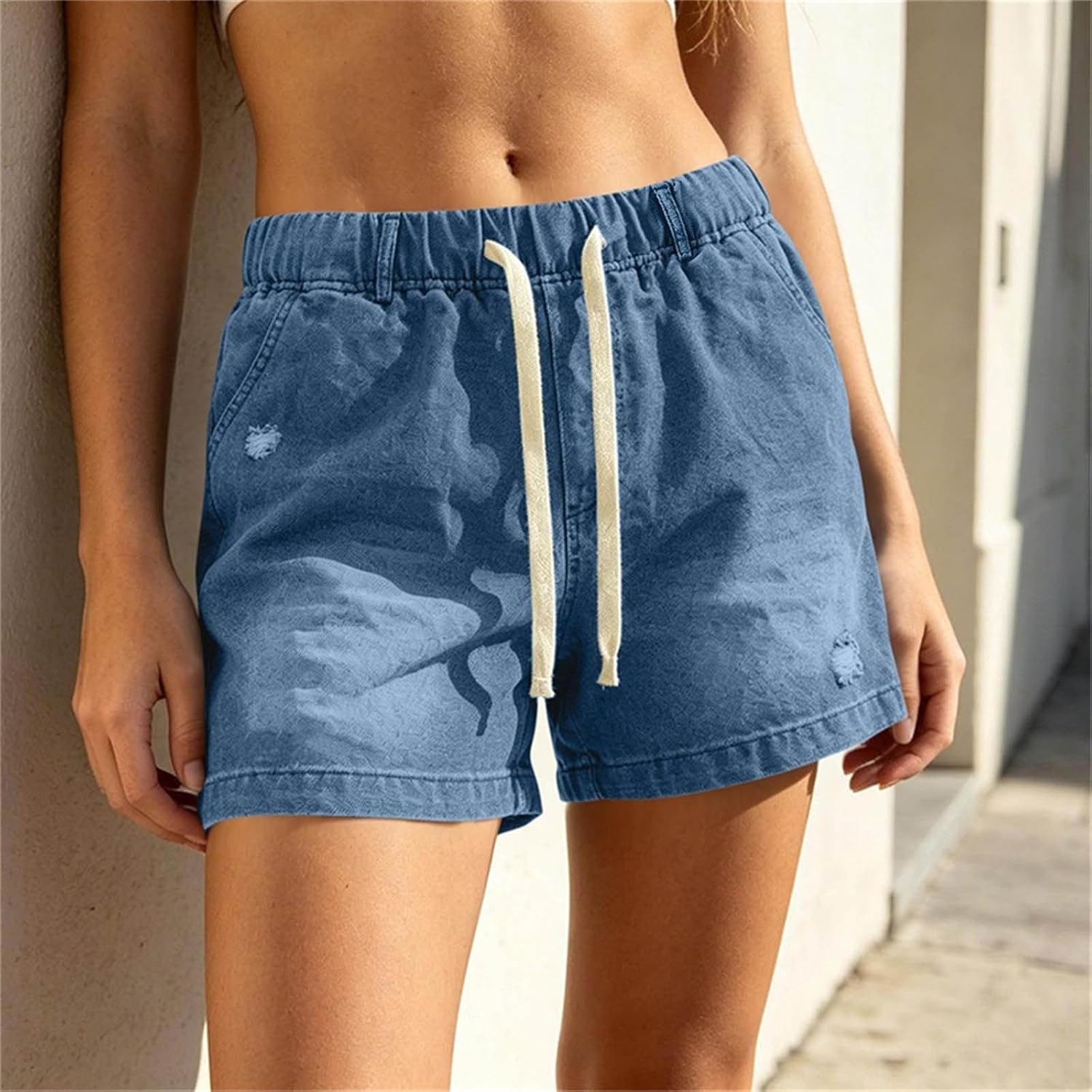 Women's Elastic High Waist Drawstring Denim Shorts Casual Distressed Summer Jean Shorts with Pocket Stretchy Outfit