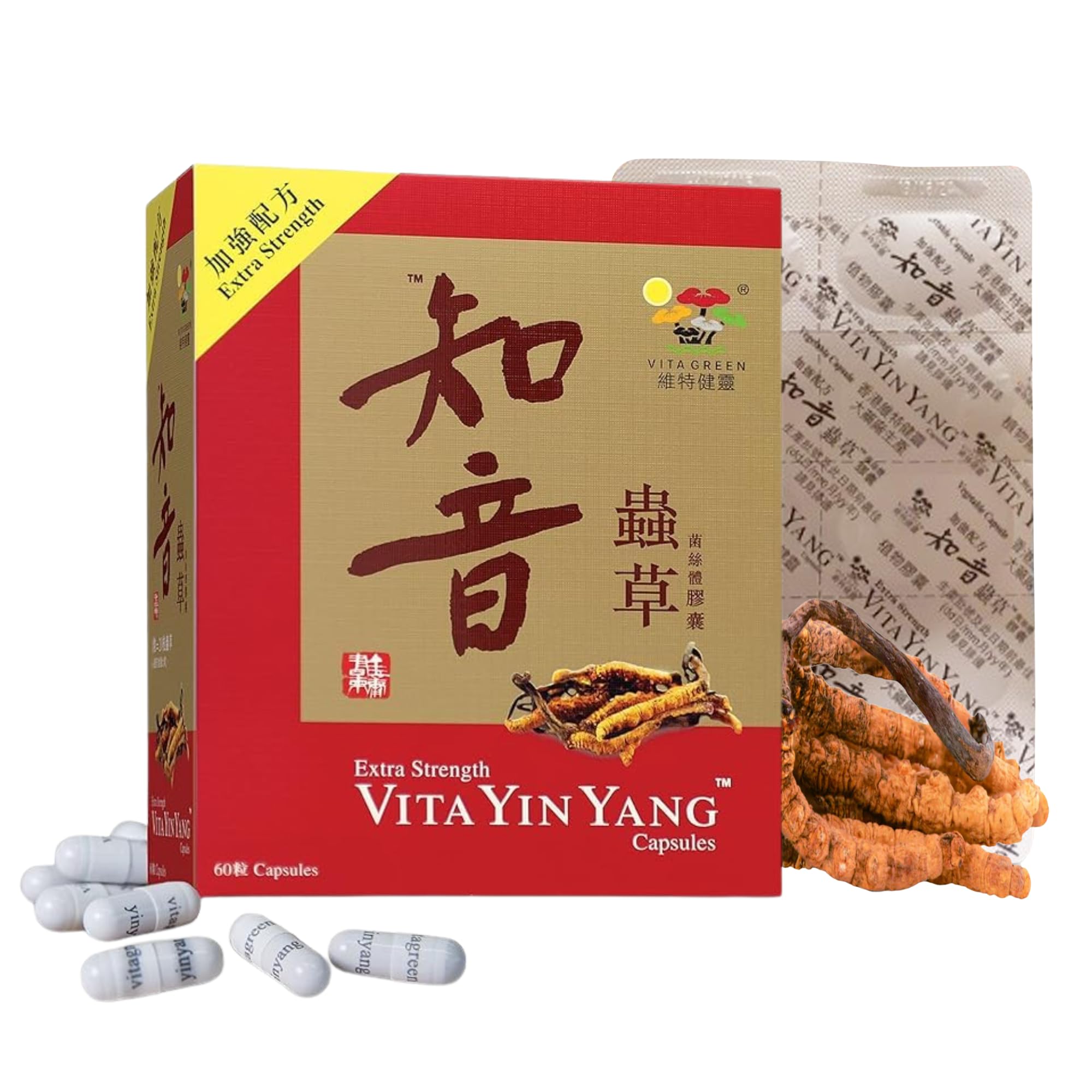 Vita Green Yin Yang Cordyceps Mycelium Capsules, Cordyceps Militaris Mushroom Supplement, Immune Energy, Stamina & Endurance Support Booster, Stress & Fatigue Relief Nutritional Aid, Lung -60 Capsules
