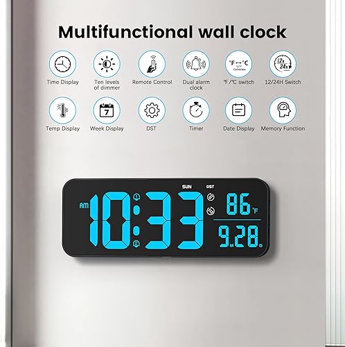 Miniatura 4 de Deeyaple Reloj de pared digital, pantalla LED de 14.6 pulgadas, pantalla grande, fecha, temperatura, 1224 horas, hora, semana, control remoto, 10