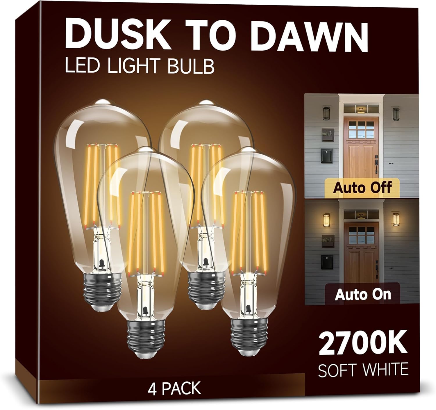 Dusk to Dawn Light Bulbs, Outdoor Light Bulbs, ST64 6W Equivalent 60W, 2700K Soft White, 600LM LED Outdoor Lighting, E26 Base, Photocell Sensor, Auto On/Off Bulb for Porch Patio Garage, 4 Pack