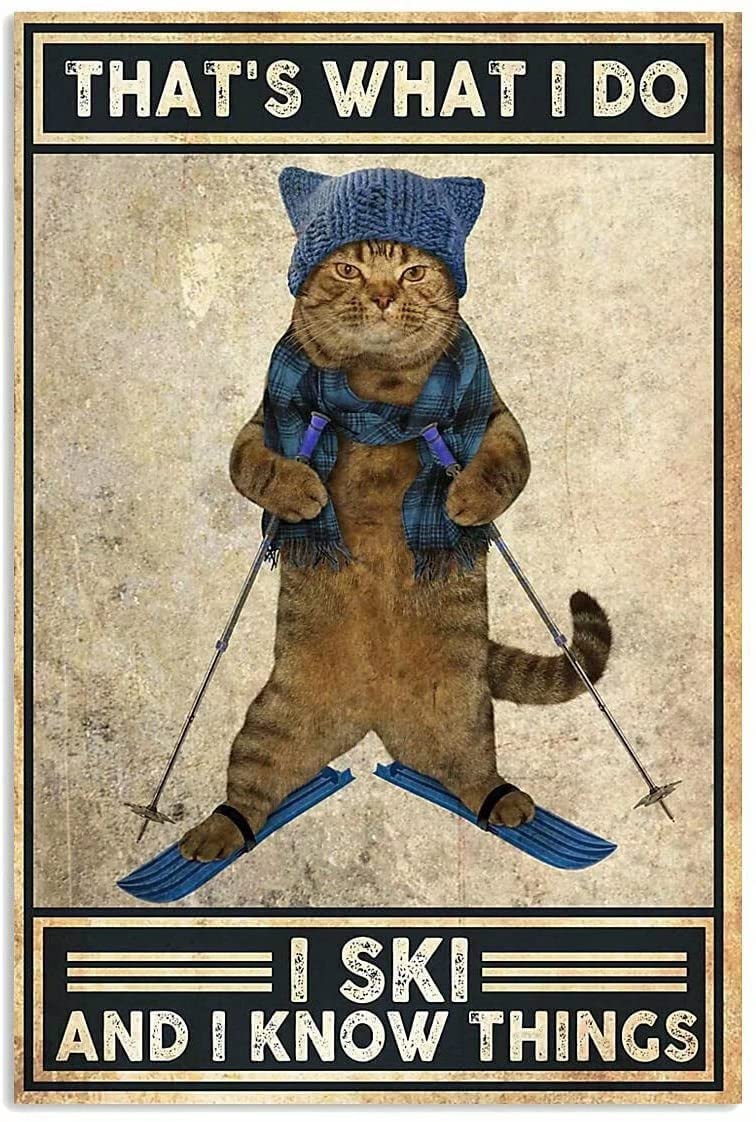 Ski Cat Metal Signs, Fun Poster For Bar Kitchen Cafe Farmhouse Wall Decor 12x16 inch