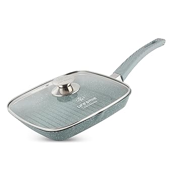 LIFE SMILE grill pan Non-stick Granite Coating with lid | Oven Safe | versatile grilling pan with drop opening, Skillet for large cooking surface,100% PFOA free (28 CM, Cyan)