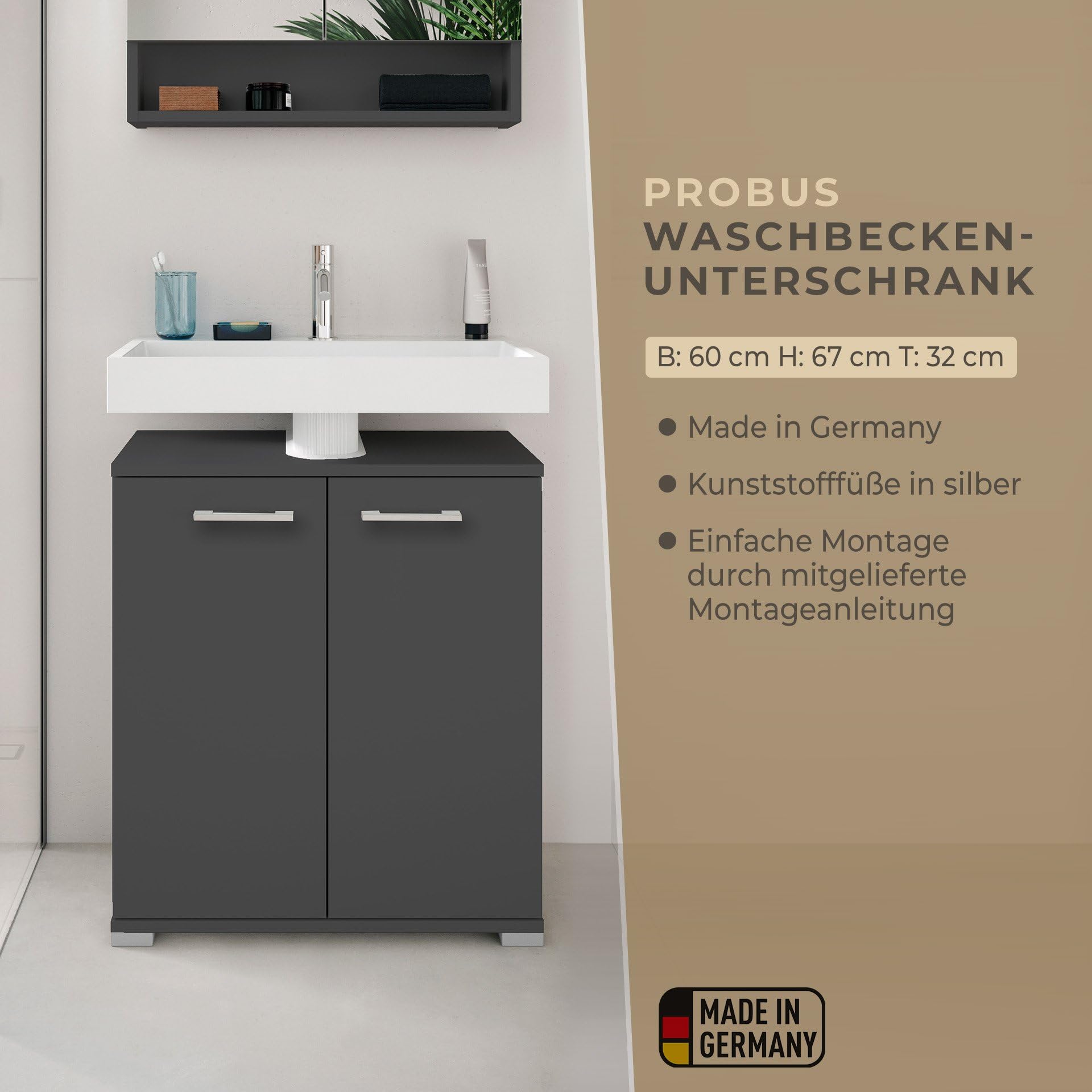 Probus Basic Waschbeckenunterschrank Anthrazit – 60cm Breite – Bild 3