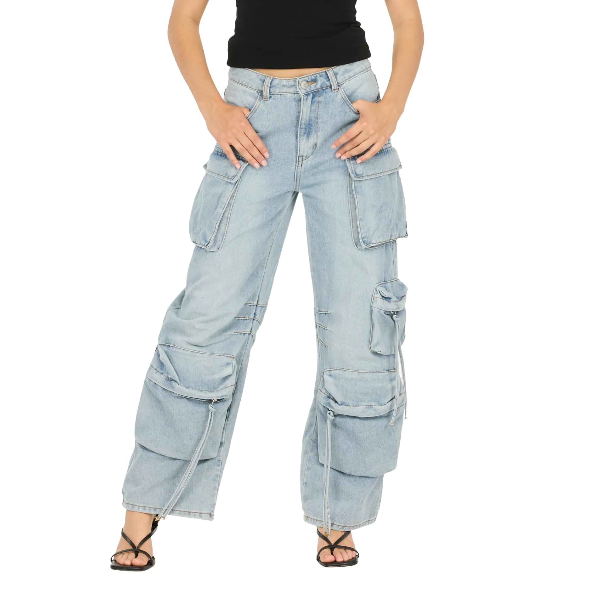 Forever 21 Women's Cargo Jeans - Wide-Leg Denim with Oversized Utility Pockets Cargo