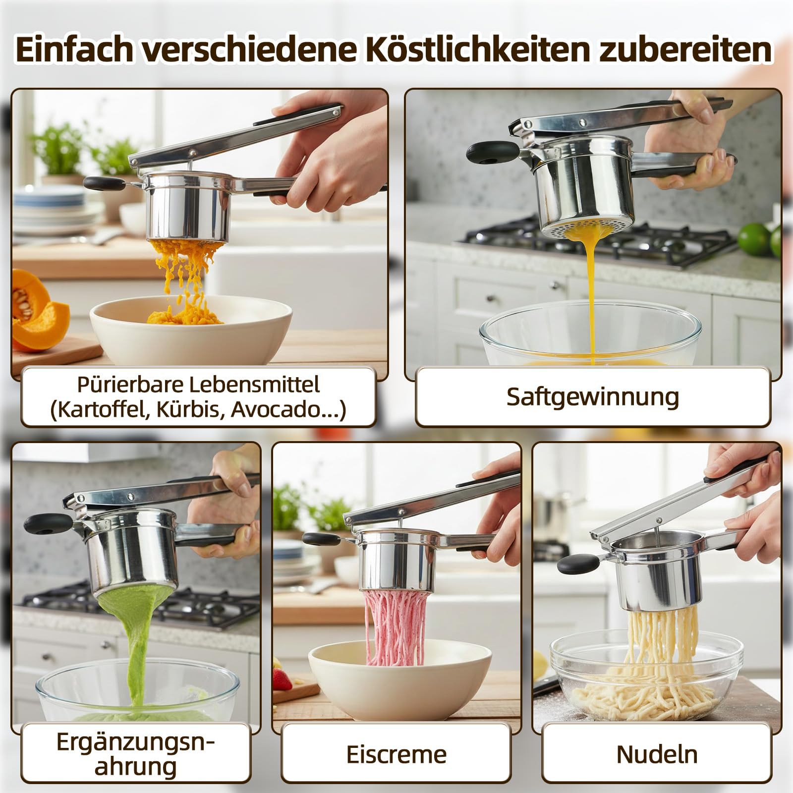 Kartoffelpresse Edelstahl, Spätzlepresse mit 4 Austauschbaren Spätzlesieb in Verschiedene Porengrößen & Silikon Griff, Potato Ricer für Kartoffelpüree, Spaghetti, Obstsäfte, Spätzle, Spülmaschinenfest