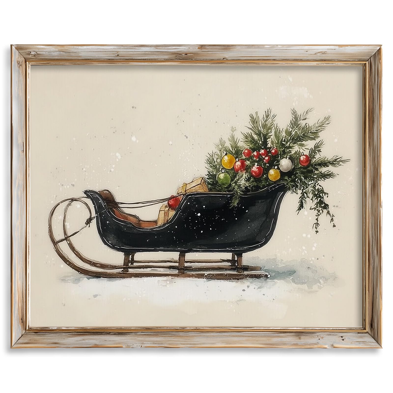Vintage Christmas Sleigh Print Rustic Holiday Wall Art with Pine Branches Ornaments Winter Seasonal Home D cor Unframed