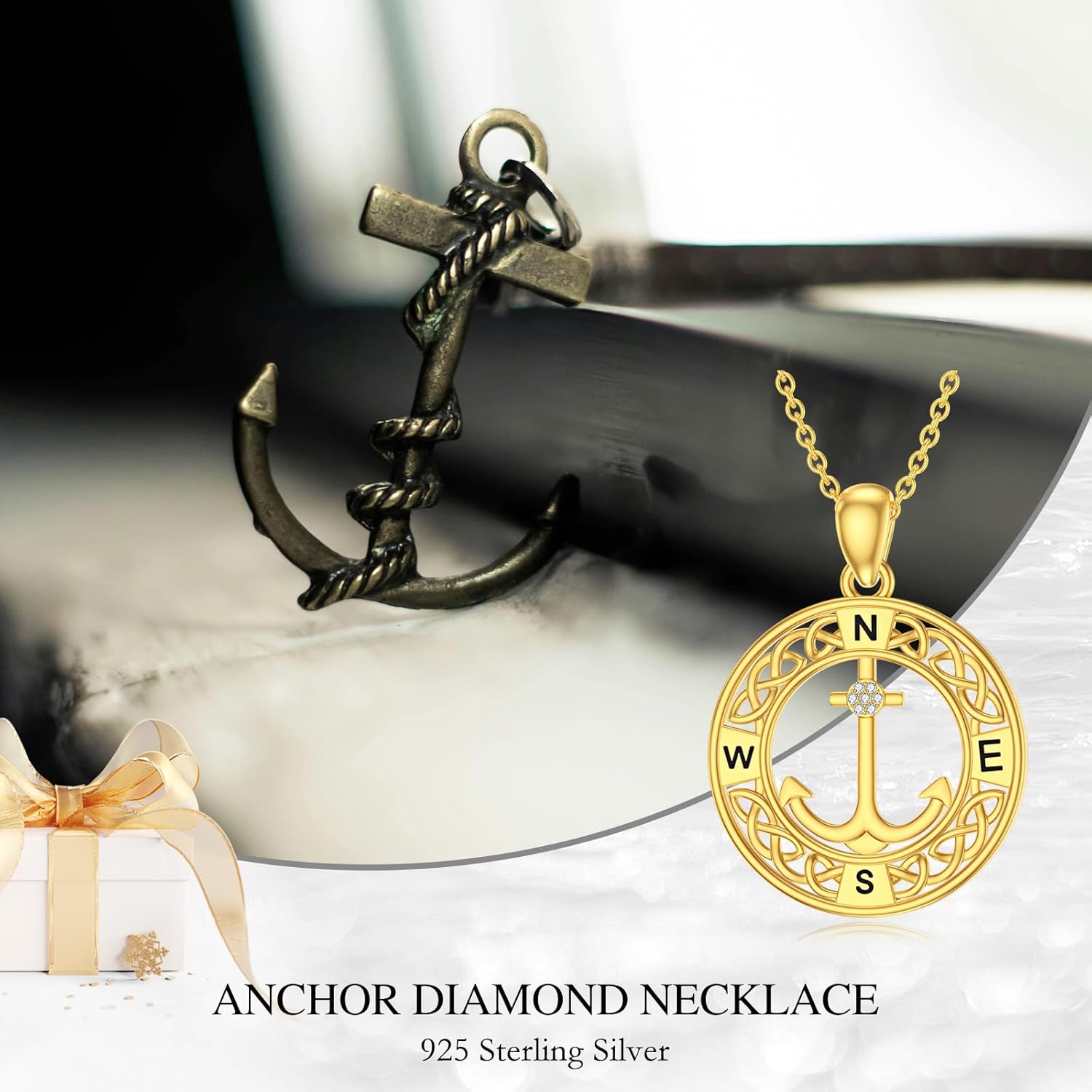 Diamond Compass Anchor Necklace for Women Sterling Silver Compass Anchor Pendant Jewelry Gifts for Women Mom Wife 18+2 Inch - Image 5