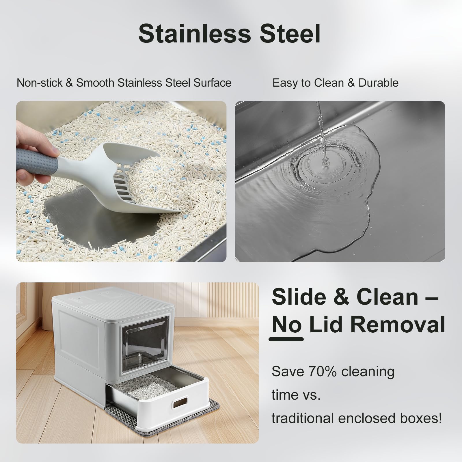 Marchul Enclosed Stainless Steel Cat Litter Box with Lid & Drawer Design, XL Extra Large for Indoor Cats, Metal Covered Cat Litter Box, Baffles for Anti-Leakag, with Litter Scoop & Litter Mat