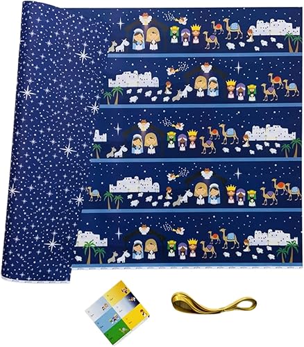 Belén y estrellas juego completo de papel de regalo de Navidad reversible el paquete incluye 6XL hojas de 37 x 24 pulgadas, 6 etiquetas adhesivas de