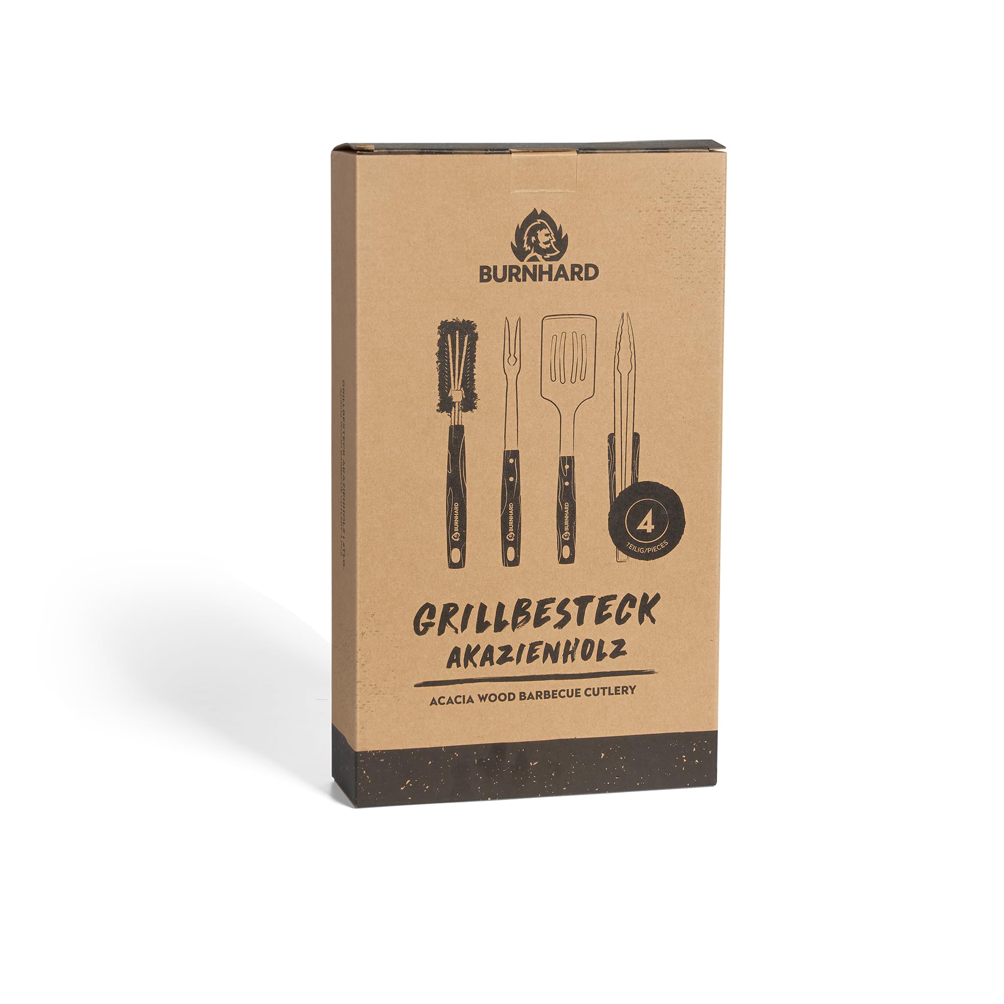 BURNHARD® Grillbesteck-Set 4-TLG. 42 cm, Akazienholz Edelstahl, Grillzubehör mit Grillzange, Grillwender, Fleischgabel und Grillbürste mit extra-Langen Holzgriffen und Aufhänge-Ösen
