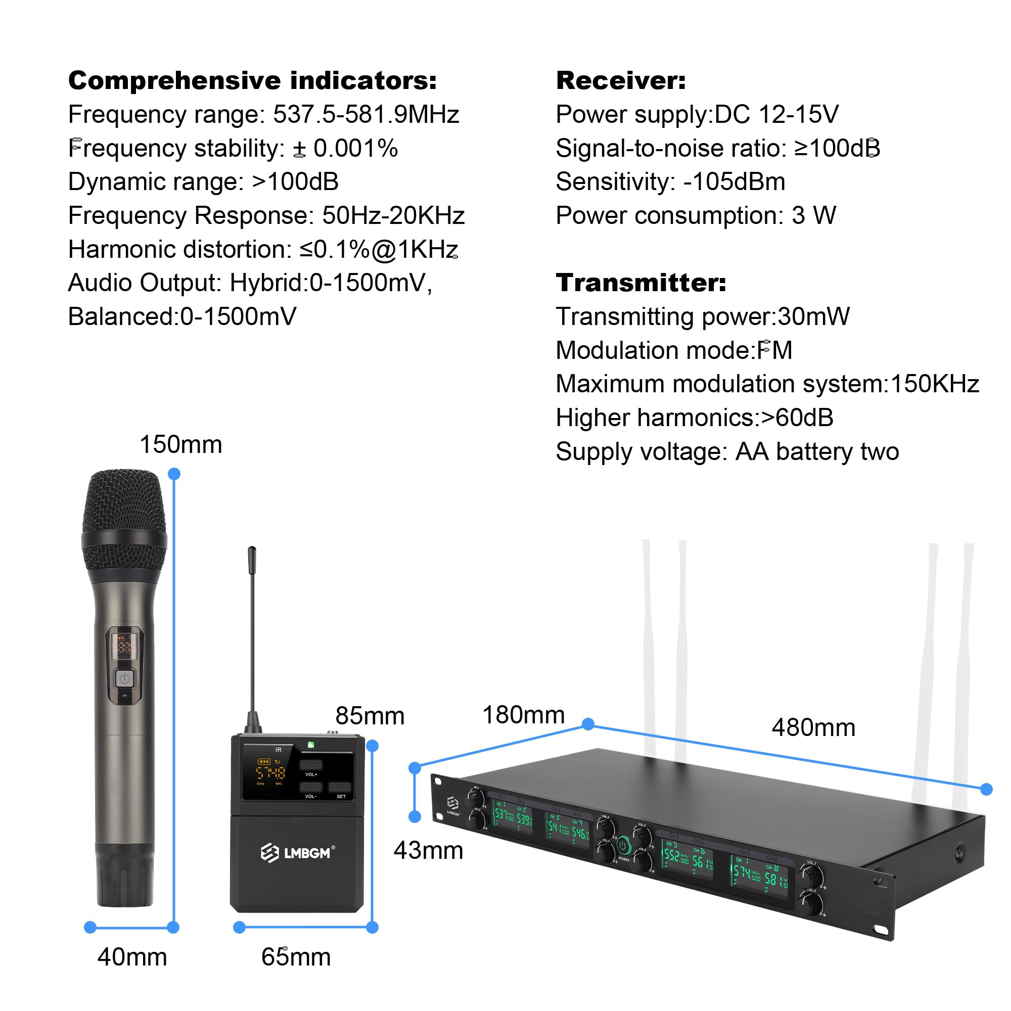 K-25R Wireless Microphone System, 8 canali UHF Handheld and Bodypack Microphones for Stage Performances, Church DJ Weddings and Karaoke (K-26R 8bodypack)