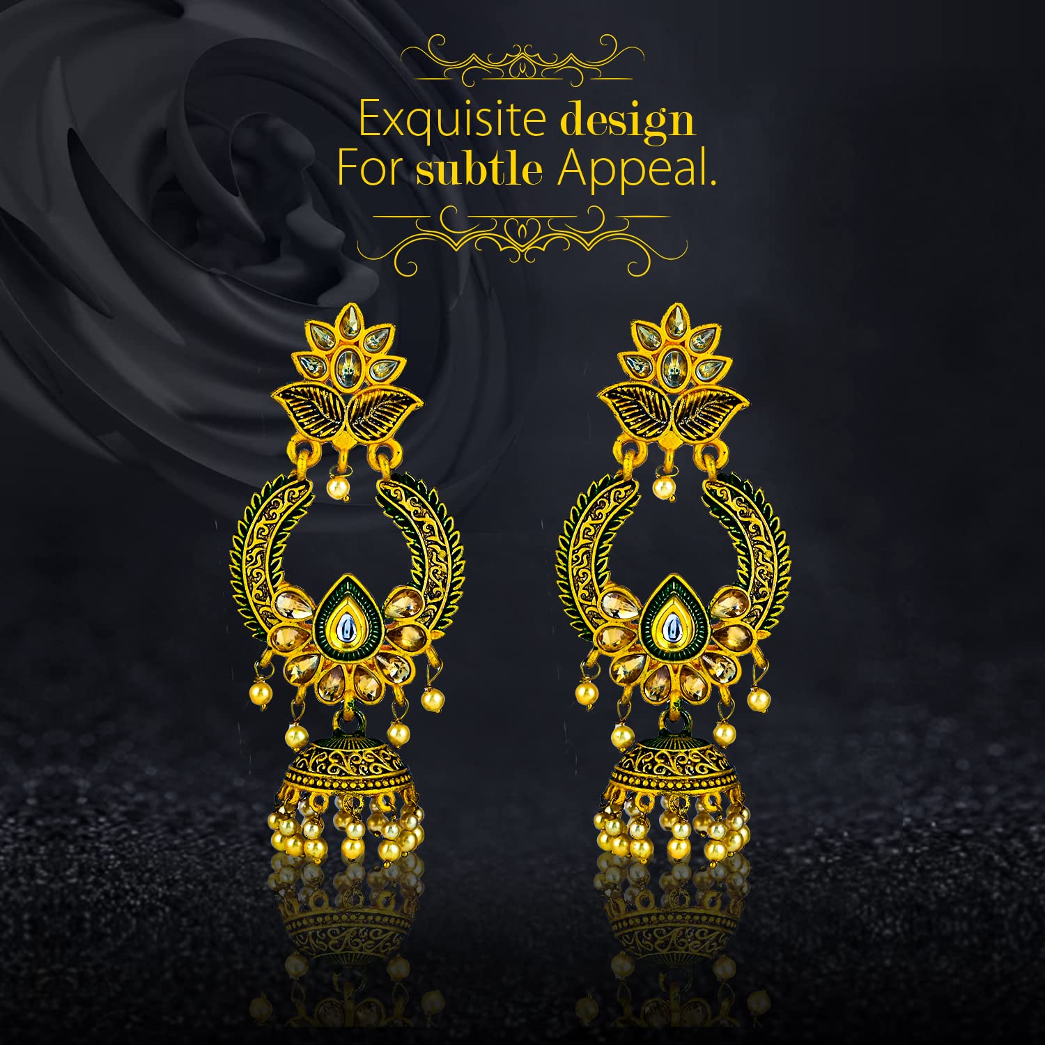 Golden Green Shade Flower Drop Earrings Traditional Ethnic Earpieces