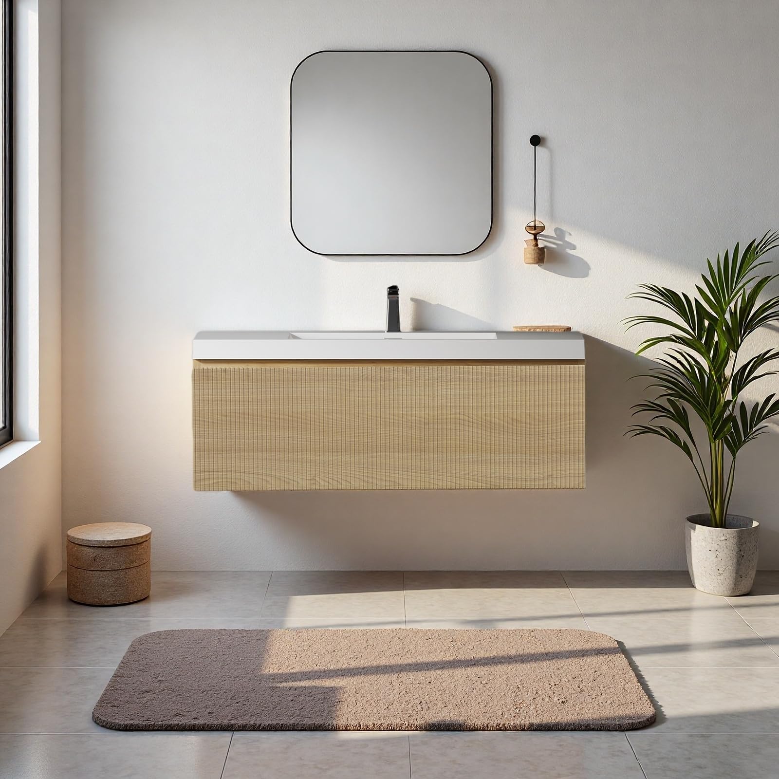 42'' Floating Bathroom Vanity with Sink, Wall-Mounted Bathroom Storage Cabinet with Soft-Close Striped Drawer &amp; Solid Surface Basin, Modern Natural Oak Body with Internal Handle, Wood