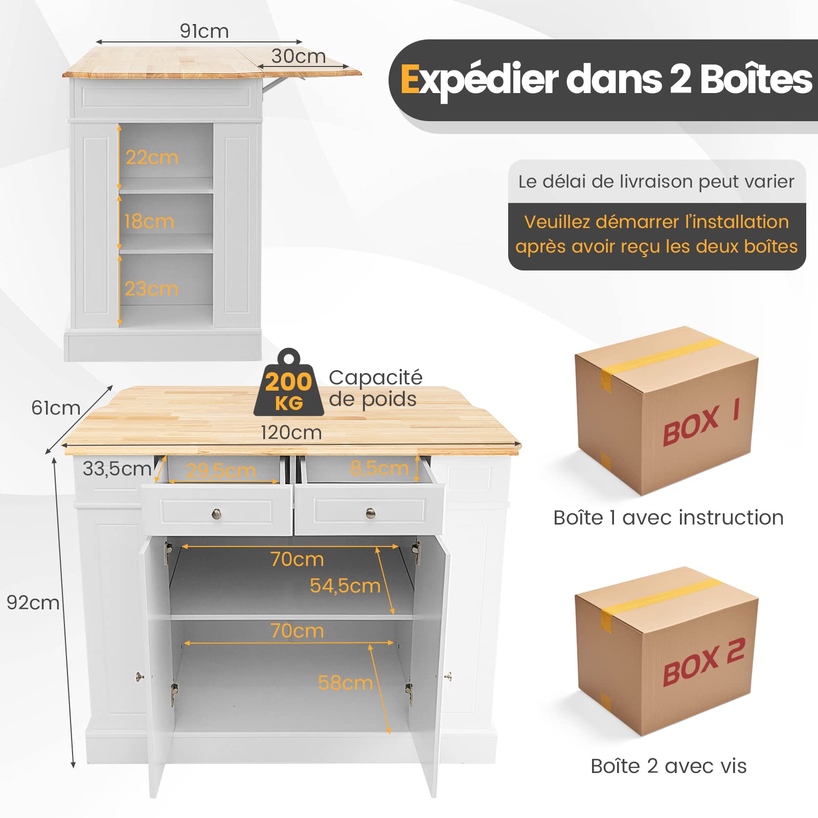 COSTWAY Ilot Central Cuisine Plateau en Bois d'Hévéa Pliable, Étagères Réglables à 3 Niveaux, Desserte de Cuisine avec Tiroirs, Supports Latéraux et 2 Portes, 61 x 120 x 92 cm, Blanc