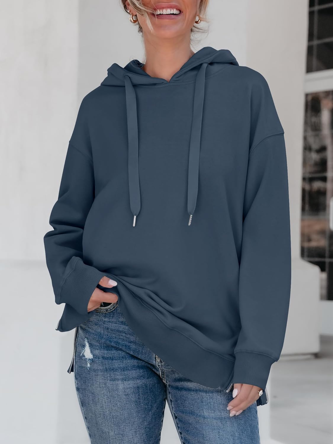 ANRABESS Women Oversized Hoodies Side Zipper Fleece Long Sweatshirts Lightweight Tunic Pullover 2025 Fall Trendy Clothes - Image 6