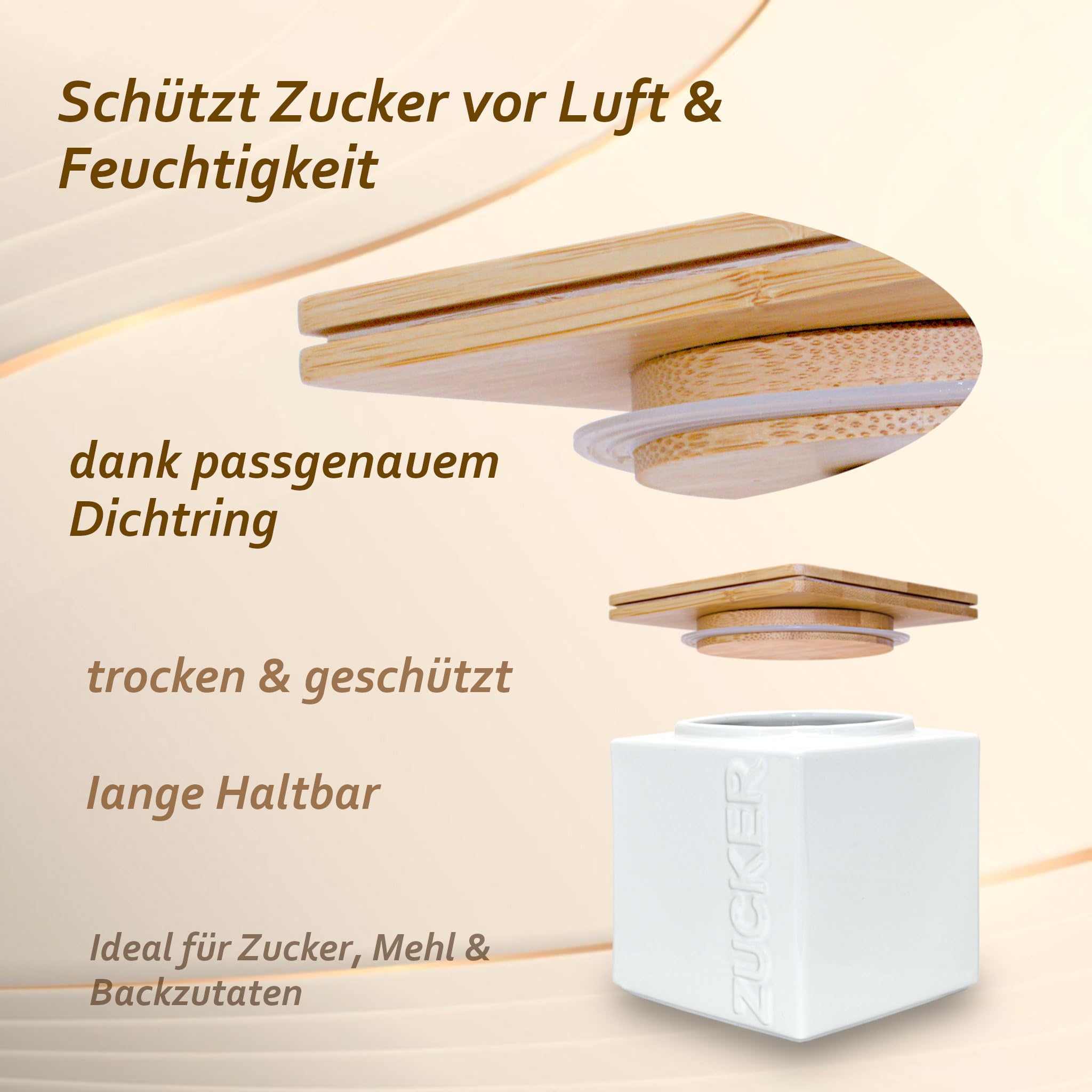 Zuckerdose luftdicht 1kg – Keramik Zuckerbehälter inkl. Bambus Messlöffel - Bambusdeckel für lange Haltbarkeit - eckig & platzsparend stapelbar - Weiß & Anthrazit