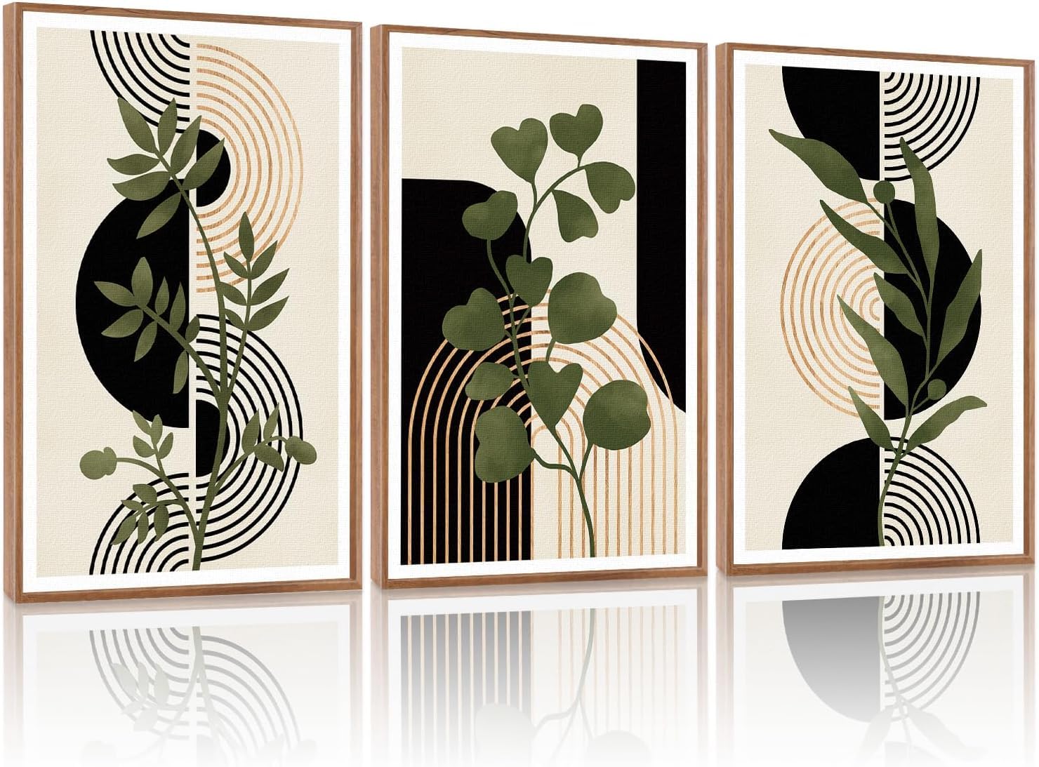 Abstrakcyjne boho botaniczne płótno sztuka ścienna minimalistyczna szałwia zielony obraz geometryczna linia czarne wydruki artystyczne do salonu (60 x 80 cm x 3/rama wewnętrzna)