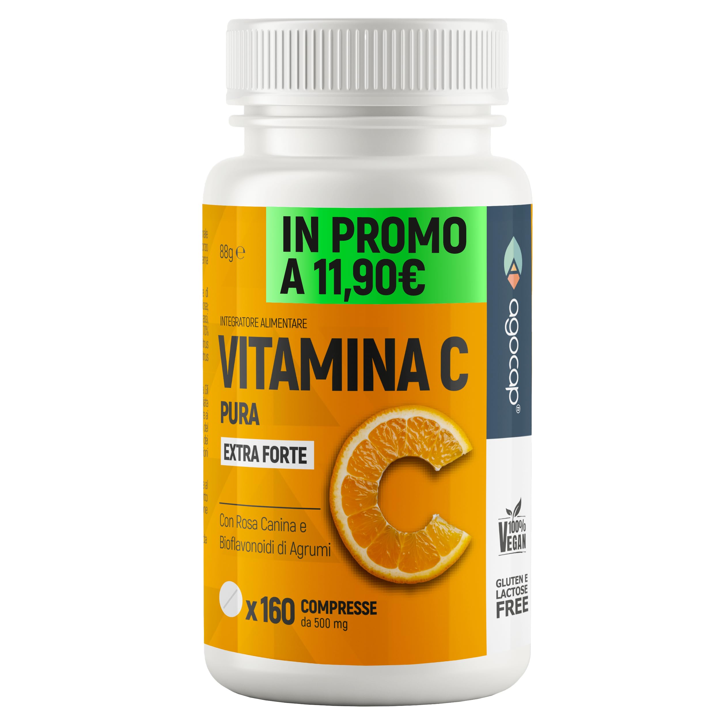 Vitamina C 1000mg, per dose giornaliera - ALTO ASSORBIMENTO. Vitamin C Pura con Rosa Canina e Bioflavonoidi da Agrumi. Vitamina C alleato per le difese immunitarie. 160 cpr da 500mg, Vegana, Agocap