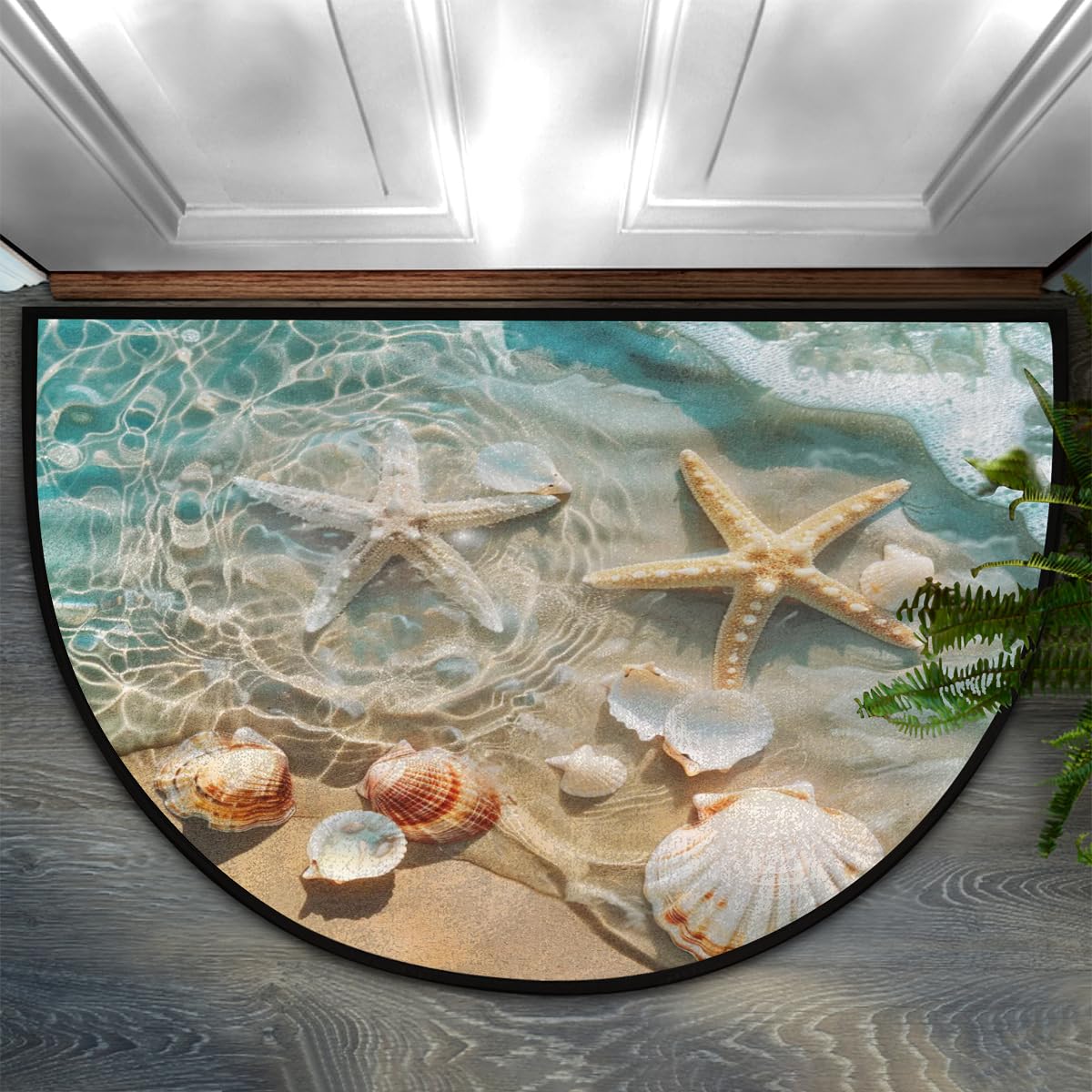 Half Round Doormat Non-Slip Area Rug, Summer Seaside Starfish Beach Theme Circle Door Mats Entryway Floor Rug Indoor for Kitchen Living Room Bathroom,