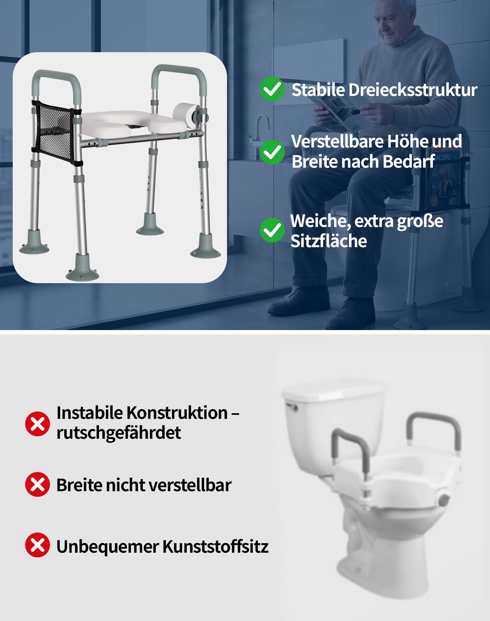 Podwyższenie deski sedesowej z podłokietnikami, z regulacją wysokości i szerokości, dla seniorów, kobiet w ciąży i osób starszych, pasuje do większości toalet