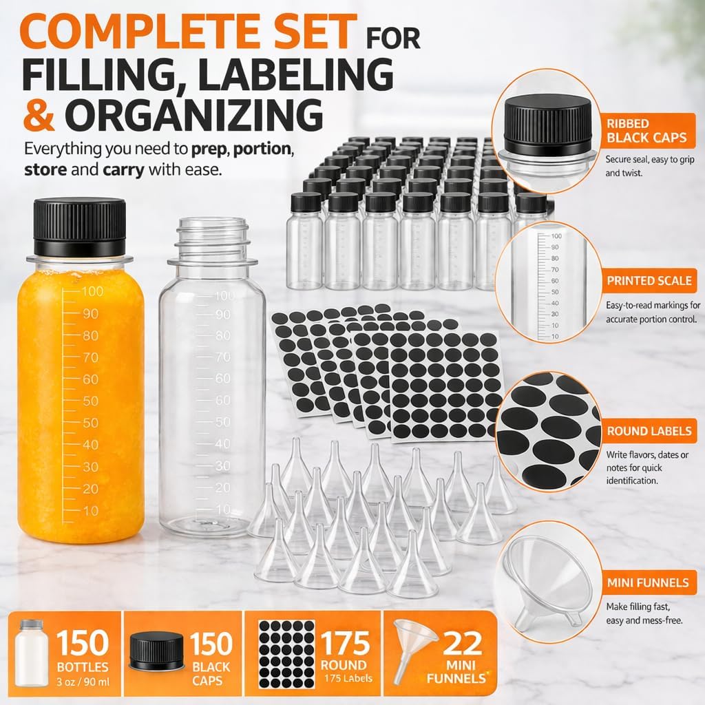 150 Pack 3 oz Plastic Juice Shot Bottles with Caps, Scale, Labels & Funnels, Clear Mini Portion Bottles for Ginger Shots, Sauces, Travel Liquids