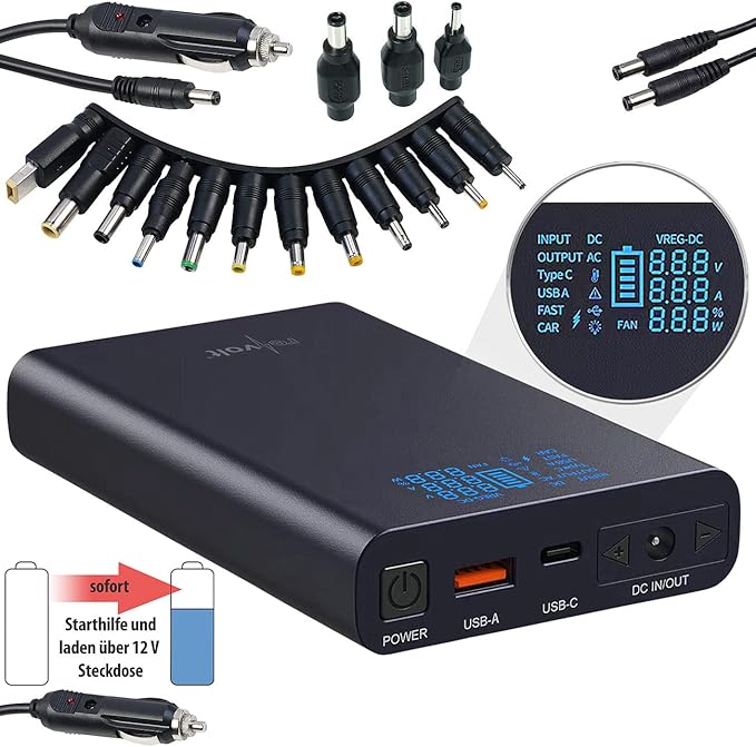 revolt Powerbank 24V Output USBPowerbank mit 18 Ah, DC 324 V, Starthilfe, QC & USBC PD, 160