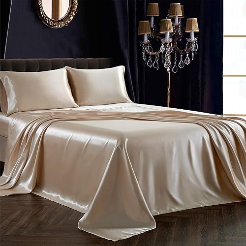 SiinvdaBZX 4Pcs Satin Sheet Set Queen Size Ultra Silky Soft