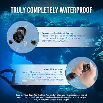 ORCATORCH D550 Hands-Free Dive Light with Wrist Strap & Bolt Snap | 1000 Lumens, 3 Modes High Med Strobe, Tail Switch, IP68 Waterproof, Hands-Free Backup Dive Light, for Night Diving