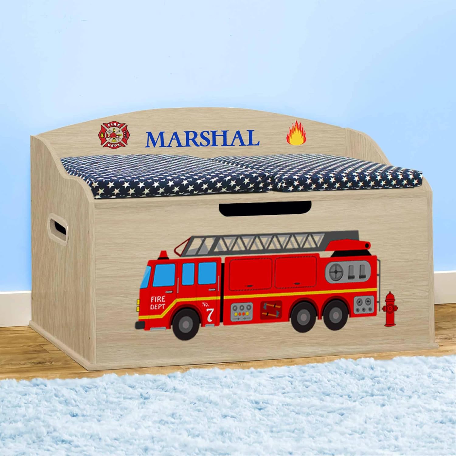 DIBSIES Personalized Creative Wonders Toy Box, Firetruck, 30 x 19.25 x 18 inches, Soft-Close Lid (Blue)