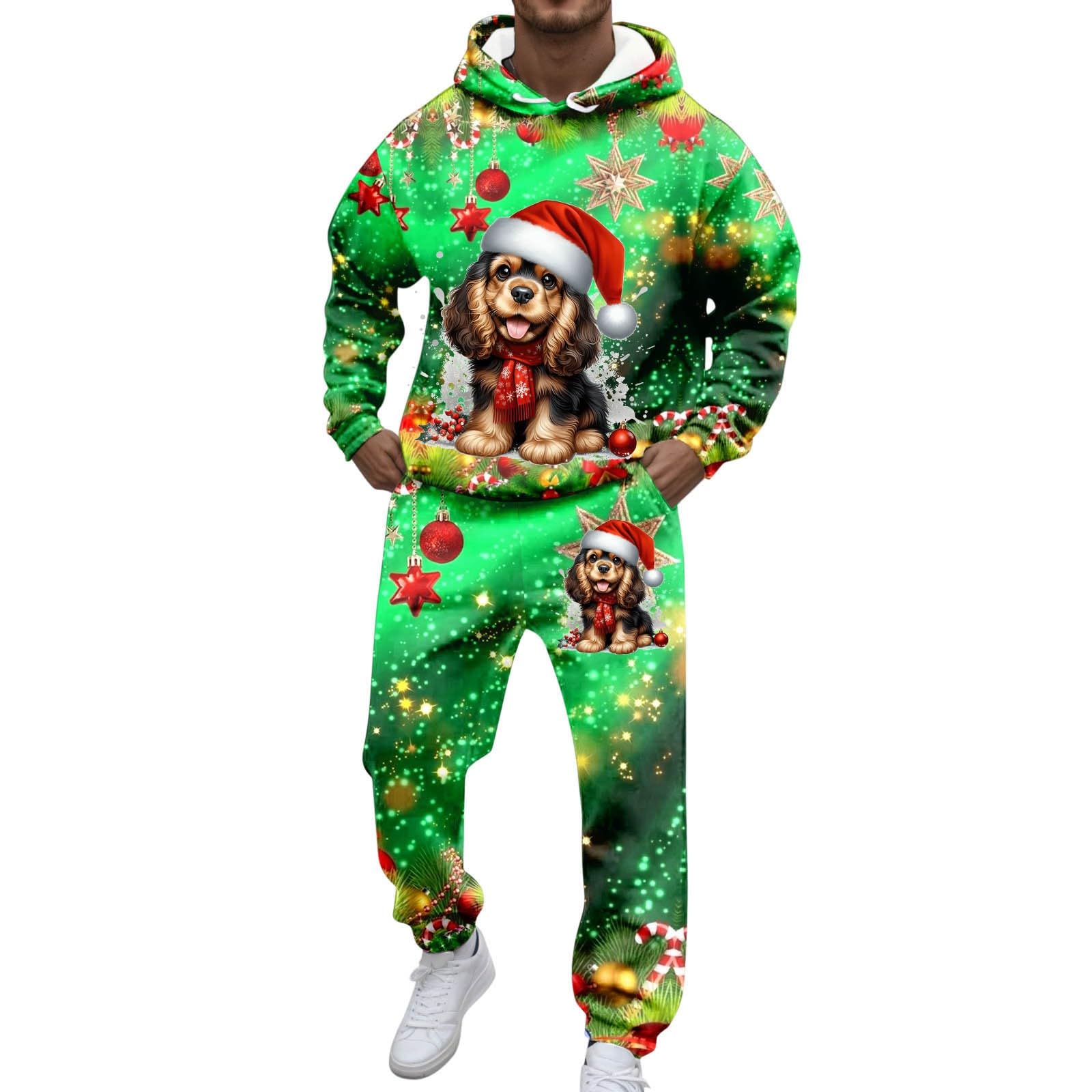 Generisch Tuta natalizia da uomo, per jogging, Natale, set di tute da allenamento, per feste, comode, 2 pezzi, stampe 3D, abbigliamento natalizio con felpa in pile + pantaloni da jogging