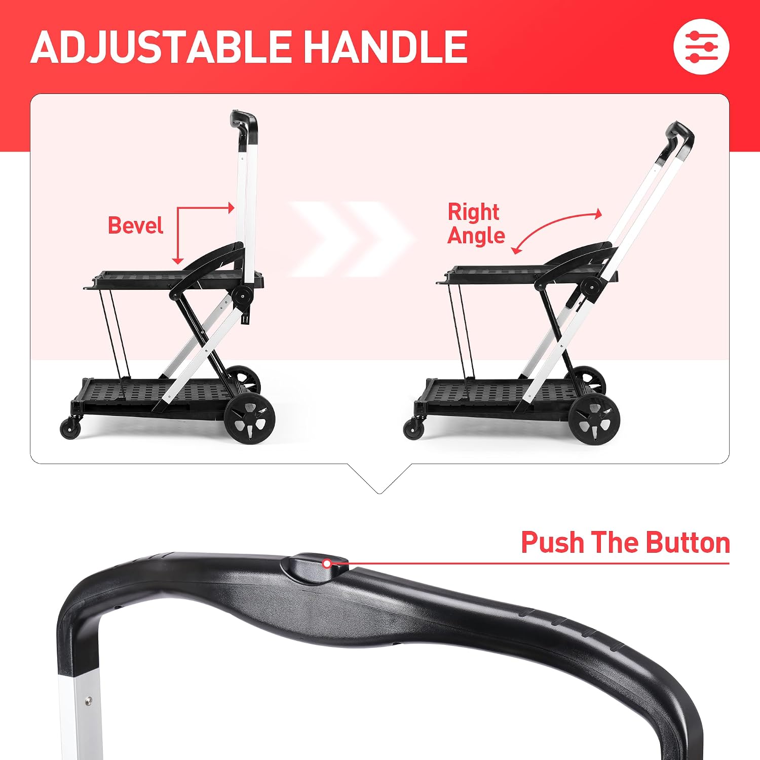 Rengue Folding Shopping Cart, Collapsible Shopping Cart with Wheels, Utility Cart Adjustable Foldable Portable Trolley, Grocery Shopping Cart with 2 Removable Baskets for Shopping, Picnic (Red)