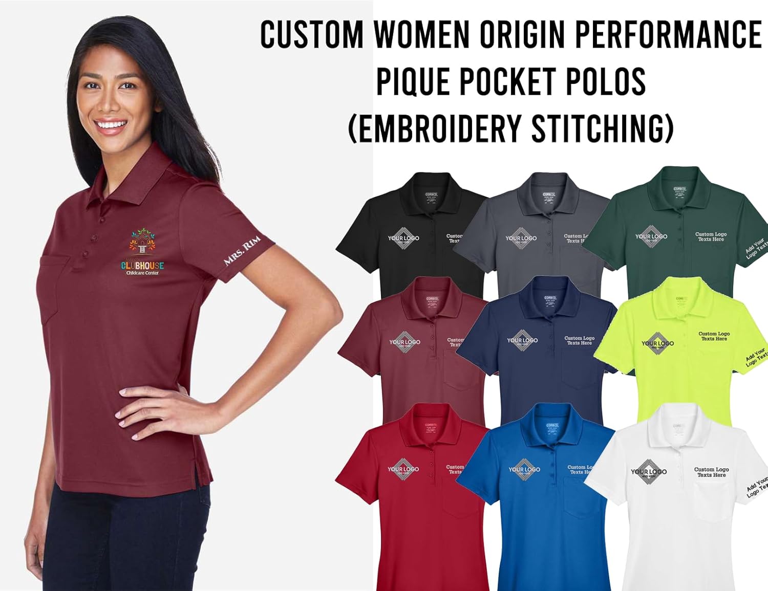 Women Core365 78181p Custom Embroidery Logo Texts Performance Pique Pocket Polo Shirts