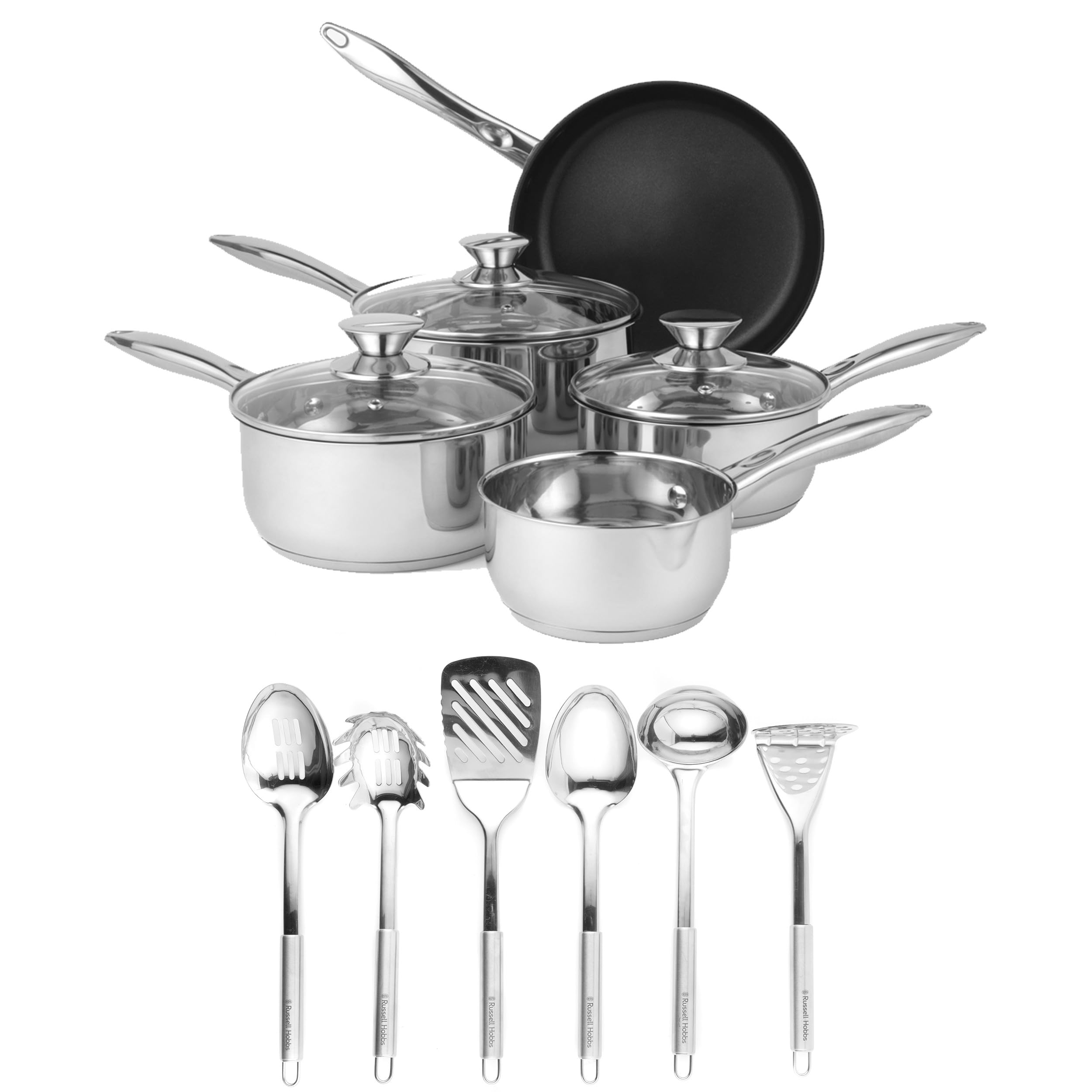 Russell Hobbs COMBO-7708B Stainless Steel Pan Set & Utensils, Saucepans/Milk Pan, Non-Stick Frying Pan, Induction, Kitchen Tools With Holder, Ladle, Cooking Spoons, Spatula, Masher, Classic Collection โ image 1