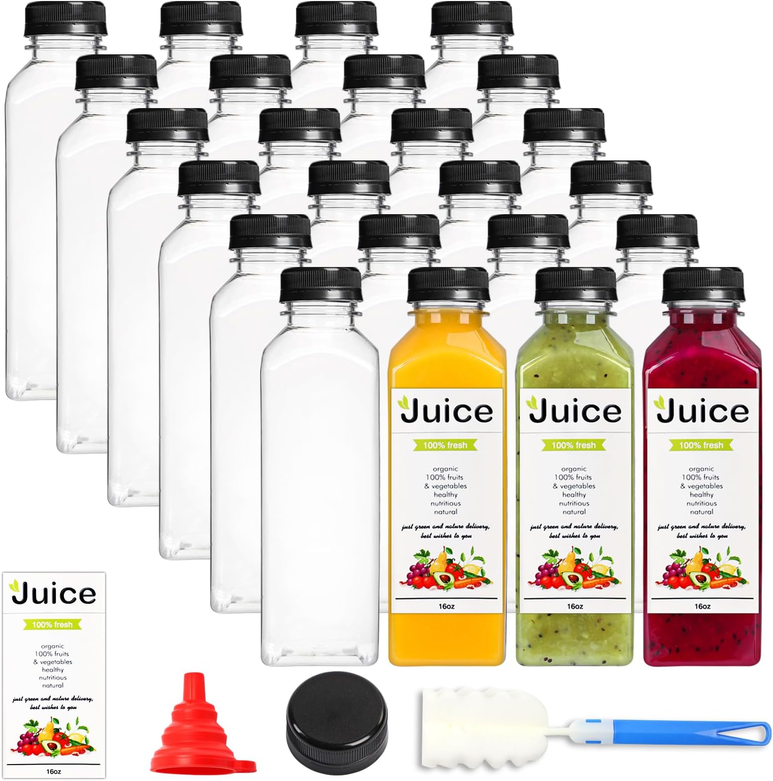 DEPEPE 24 Pack 16 Oz Plastic Juice Bottles with Caps, Reusable and Take Out Juicing vessels with Lids, Clear Bulk Containers for Smoothie, Drinking and Other Beverages