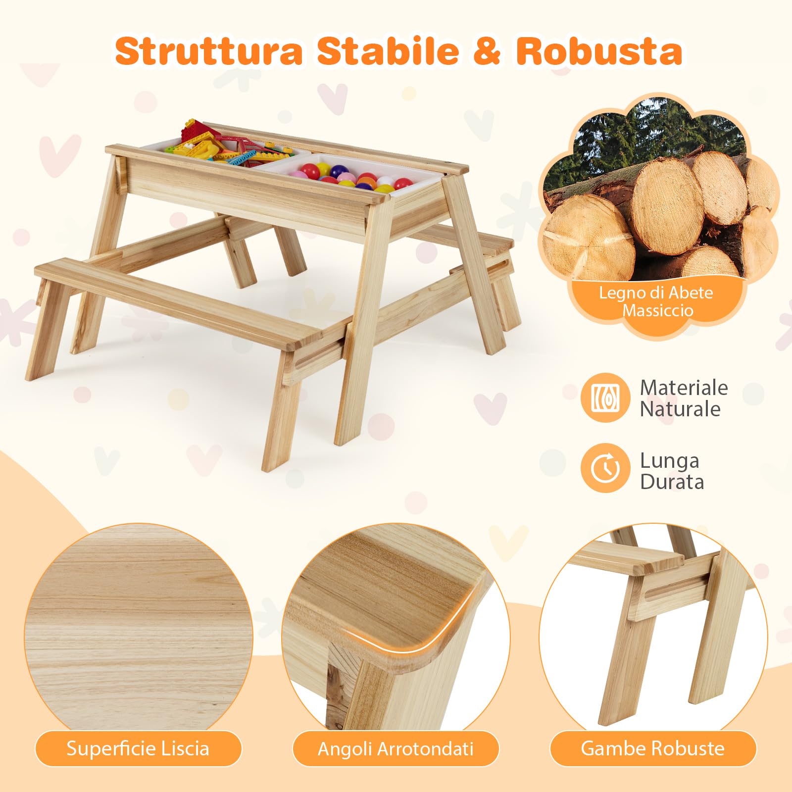 COSTWAY Tavolo da Picnic per Bambini 4 in 1 in Legno con Piano Rimovibile | Set Tavolo e Panca con 2 Scatole Contenitive, Tavolo Attività per Bambini, Mobili da Esterno per Giardino, Cortile e Patio