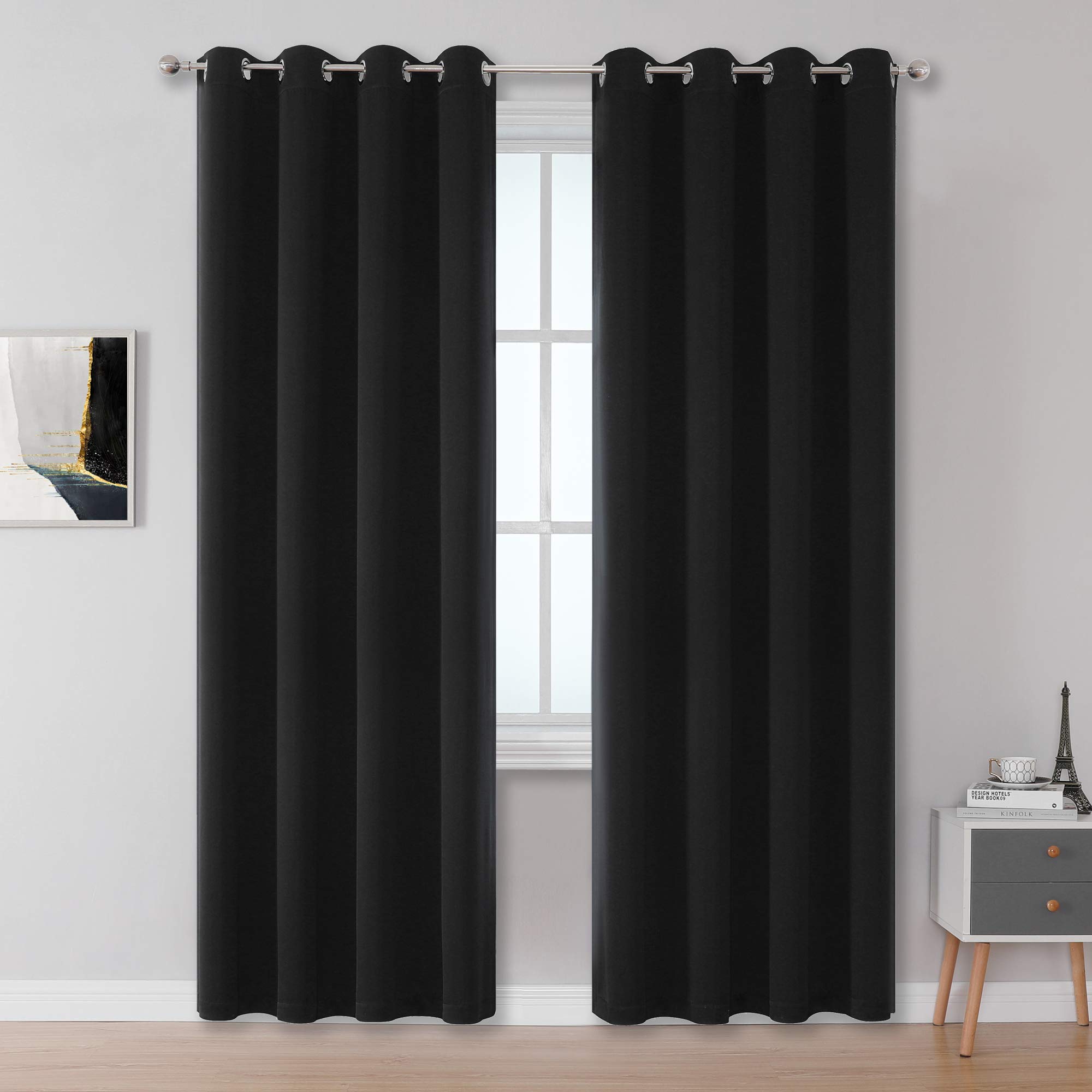 DUALIFE 90 Inch Length Blackout Curtain Panels- Grommet Top Thermal Insulated Draperies for Living Room 52 inches Wide,Black,2 Panels