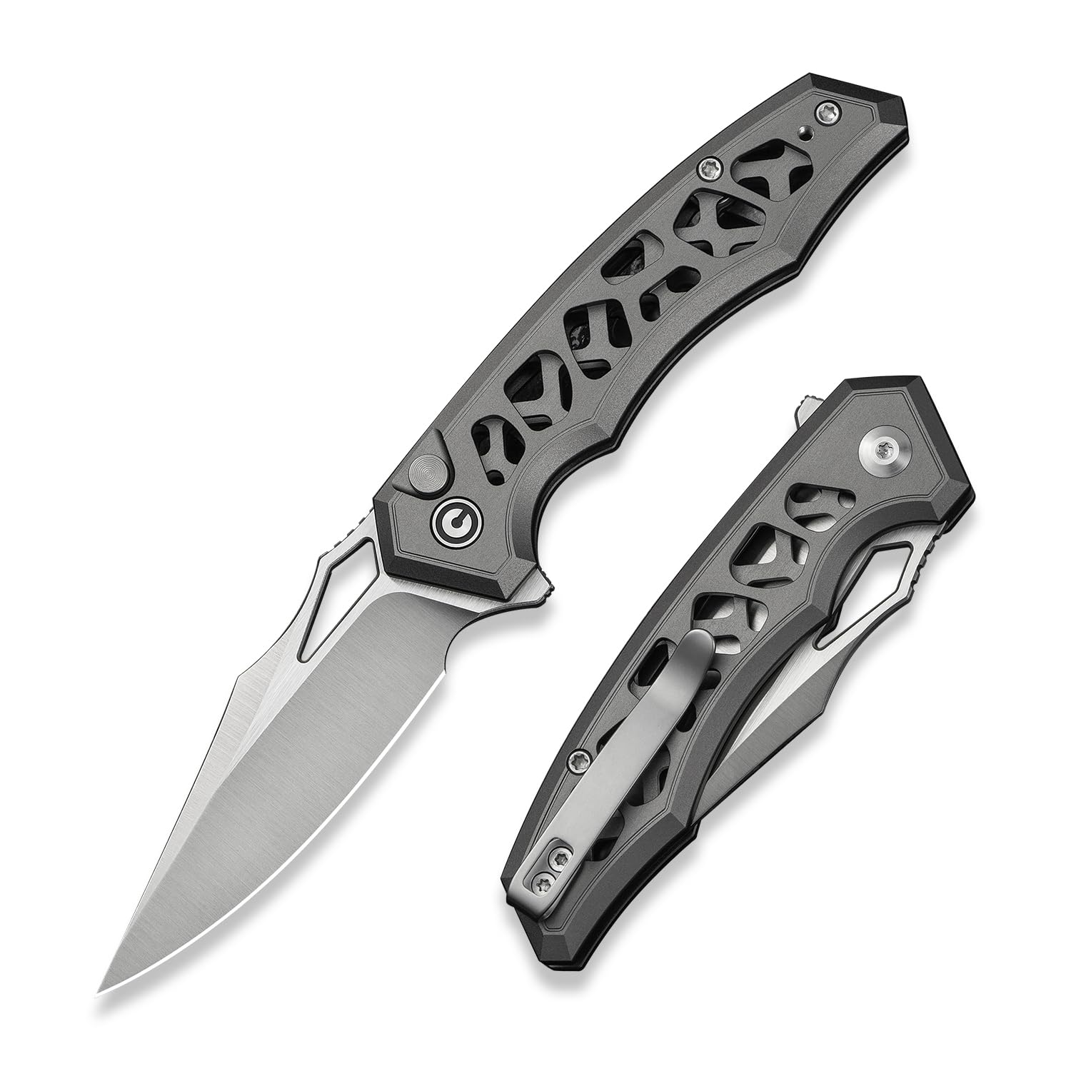 Anaaki Folding Pocket Knife, 2.98" Nitro-V Blade Aluminum Handle with Reversible Clip, Lightweight Skeletonized EDC Knife for Camping Hiking C24039-2, Gray
