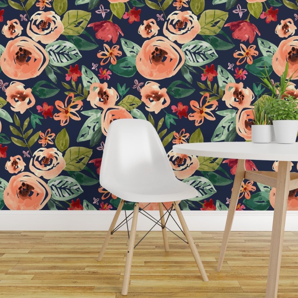Removable Wallpaper 6ft x 2ft - Hand Painted Floral Navy Large Pink Blue Bloom Peach Winter Custom Pre-Pasted Wallpaper by Spoonflower